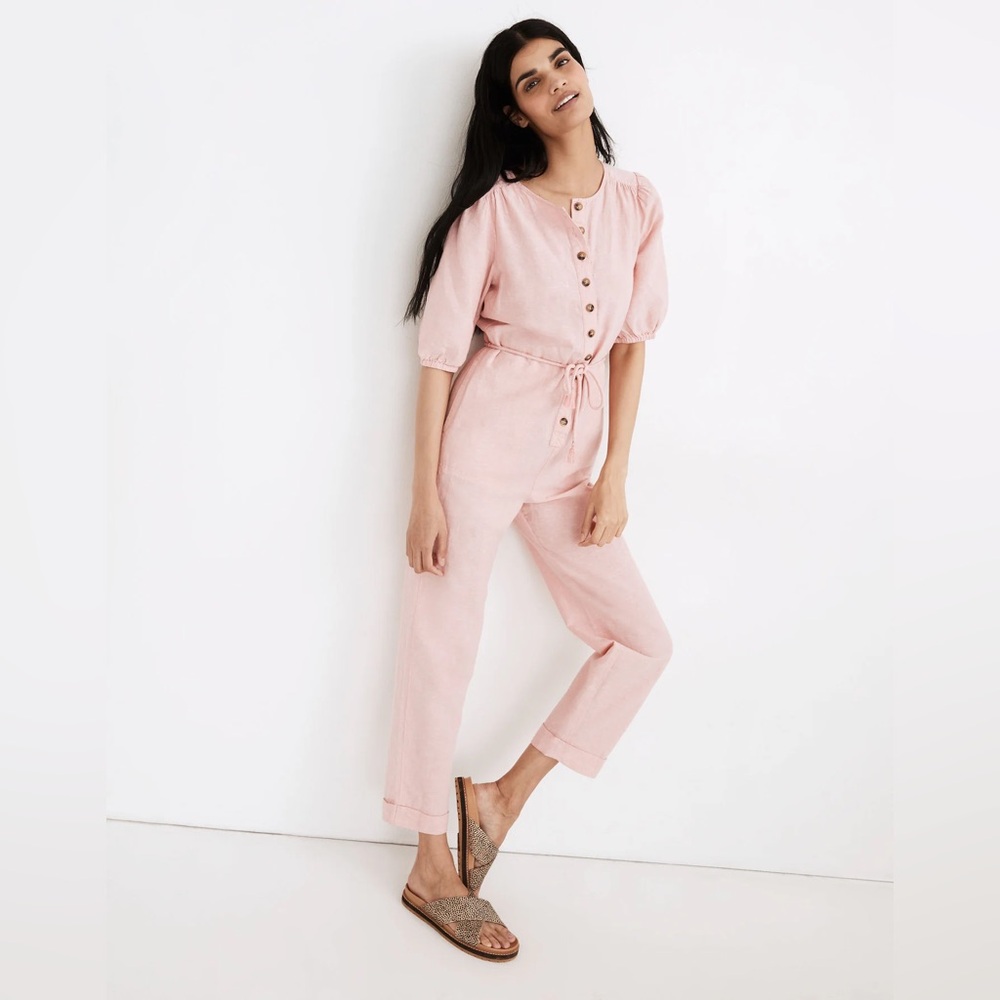 Linen-Blend Puff-Sleeve Tassel-Tie Jumpsuit size XS